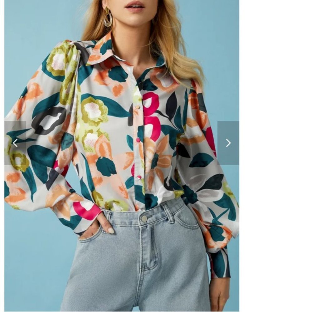 STYLEWE Women’s Multicolor Collar Regular Fit Lantern Sleeves Blouse Size Small